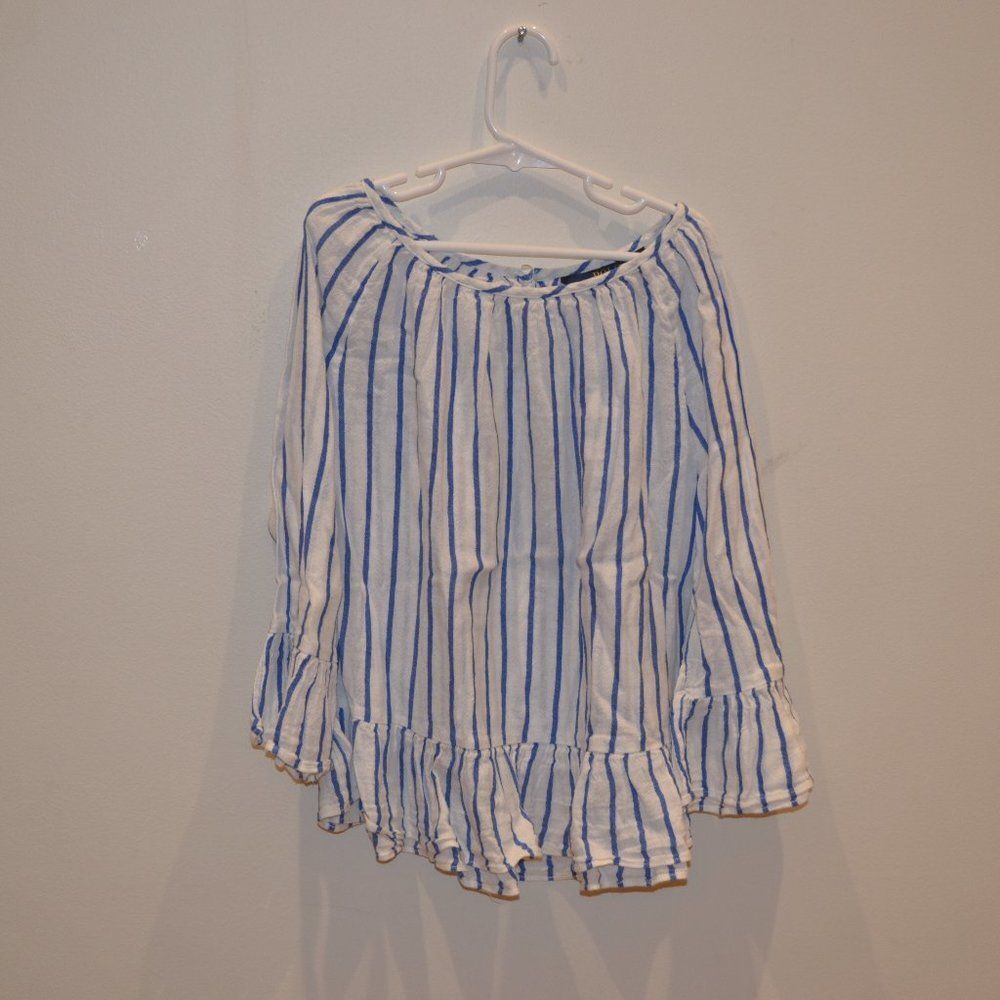 Polo Ralph Lauren Girls (8) Striped Summer Blue White Peplum Blouse Top